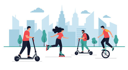 Fototapeta premium Diverse group of people using electric scooters, roller skates, and a unicycle for sustainable urban transportation against a city skyline.