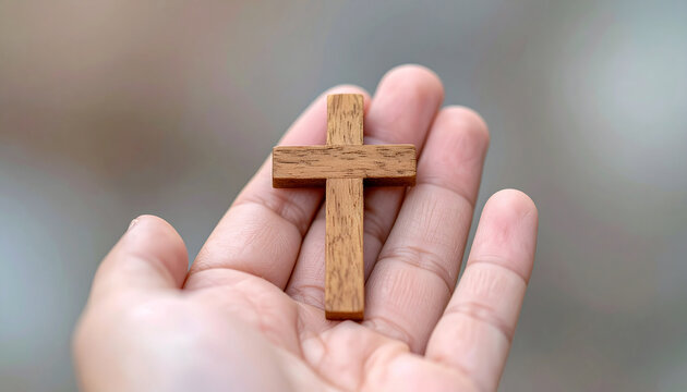 Small wooden cross held gently in hand, blurred background, religion and faith concept, emotional and spiritual mood. Close-up.