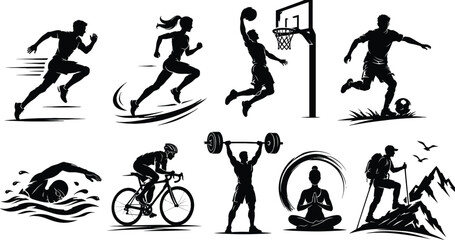 Sports and Fitness Activities Black Silhouette Vector Icons Set © Raheela