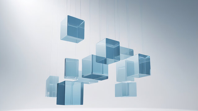Suspended Weightless Composition Of Floating Matte White Blocks