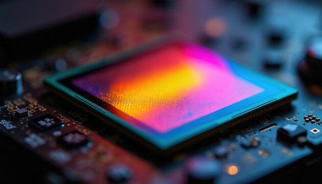 Digital camera sensor macro shot showing colorful light reflections. Close-up view of electronic chip surface. Technology abstract background with circuits, components. Digital imaging innovation