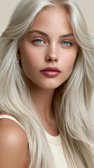 Fototapeta premium Eine attraktive junge Frau mit langen weißblonden Haaren und blauen Augen blickt direkt in die Kamera vor hellem Hintergrund.