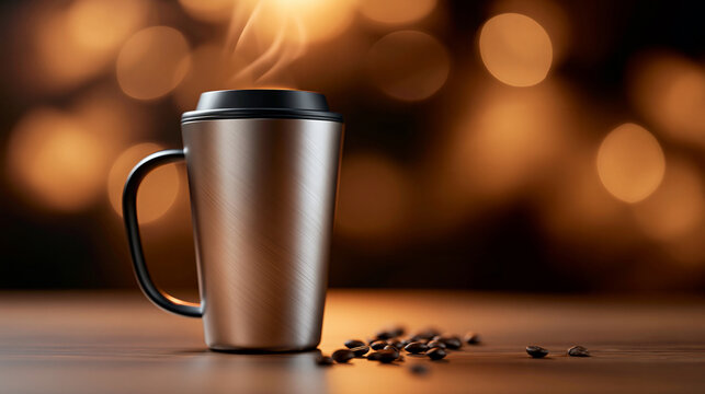 Eine dampfende Thermobecher-Tasse steht auf einem Holztisch, umgeben von Kaffeebohnen vor warmem Bokeh-Hintergrund.