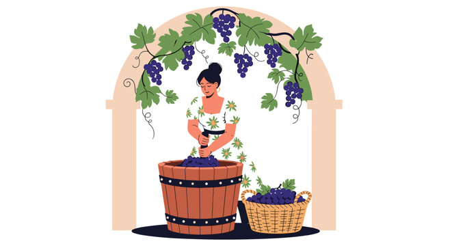 Woman in a floral dress crushing fresh grapes in a wooden barrel under an arch of vines representing traditional winemaking and agriculture.