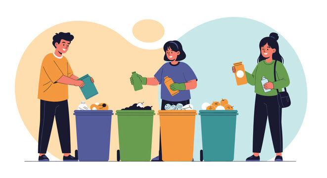 Group of environmentally conscious people sorting different types of waste into colorful recycling bins to protect the natural environment.