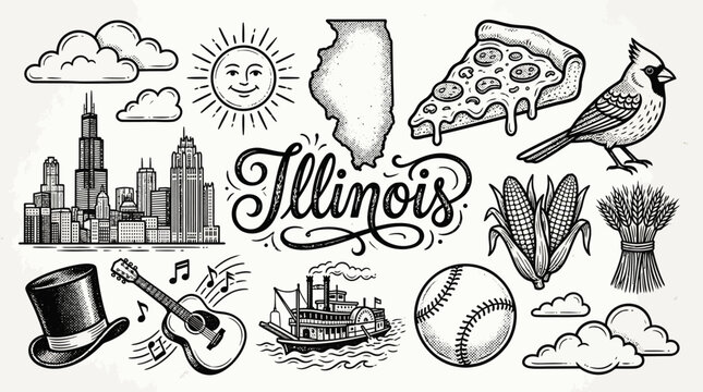 Illinois state symbols vector illustration featuring landmarks, culture, and icons including Chicago skyline, pizza, cardinal, and Abraham Lincoln top hat in detailed black and white sketch style