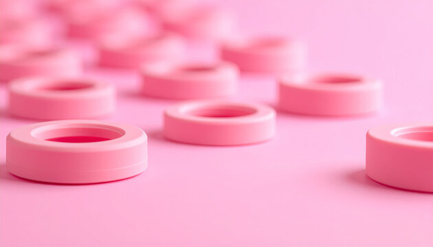 Rubber faucet washers in geometric alignment on pastel pink surface, industrial product concept, minimal composition. Close-up.