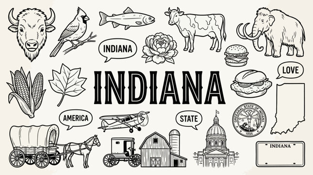 Indiana state symbols vector illustration featuring landmarks, wildlife, and cultural icons including bison, corn, barn, and capitol building in detailed black and white sketch style