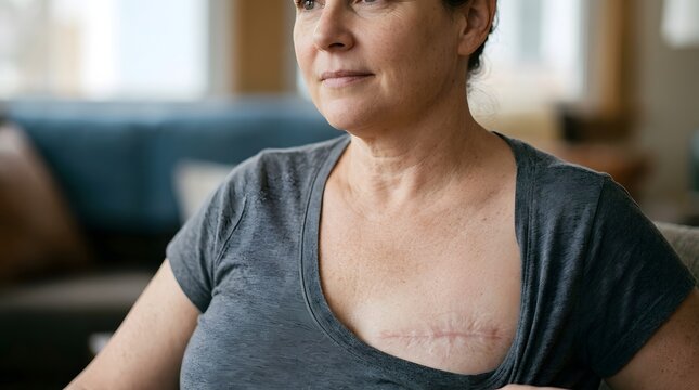 Detailed Close Up of Mastectomy Surgery Scar on Chest Representing Breast Cancer Survivor Recovery