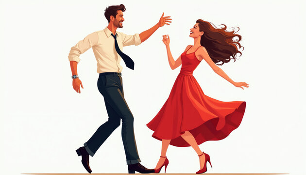 Elegant couple dancing joyfully together. Man in shirt and tie, woman in red dress swirl. Retro style illustration conveys happiness and romance with lively movement and connection.