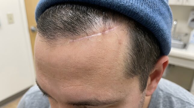 Detailed Close Up of Craniotomy Surgery Scar Near Scalp Showing Postoperative Recovery