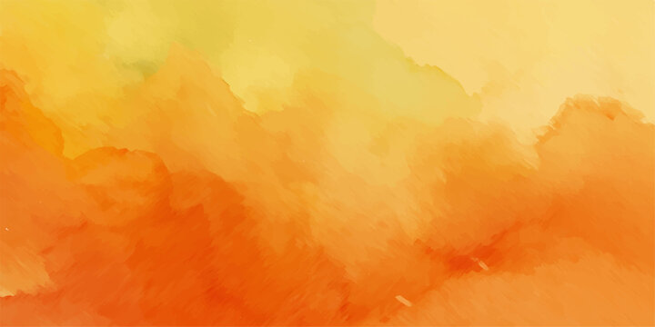 An abstract orange and yellow watercolor background featuring a vintage grunge paper texture that resembles a hot flame and smoke pattern in an artistic sky