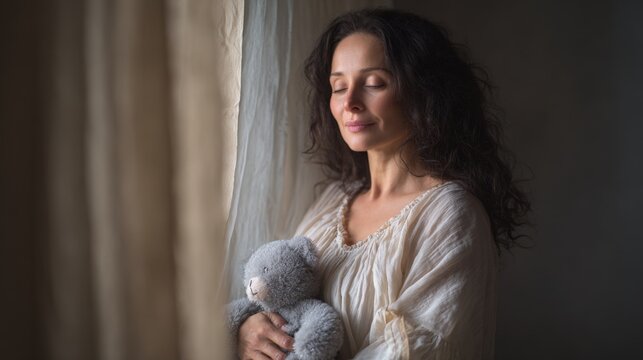 Soft light filters through sheer curtains. Woman gazes peacefully, cradling a stuffed toy. Her eyes close in gentle serenity. Warm tones embrace her quiet moment. Ideal for scenes of calm, reflection