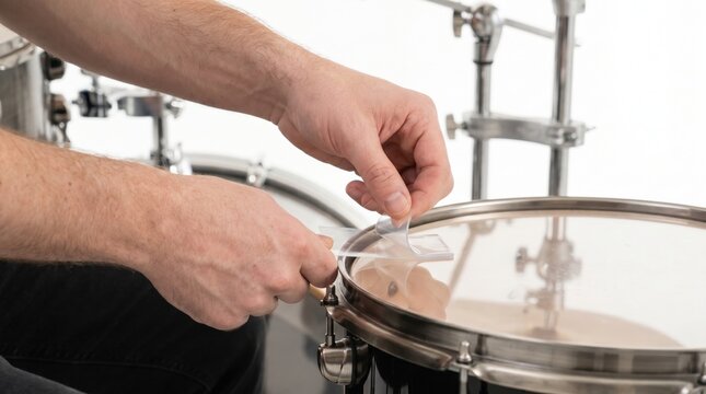 Drummer hands applying a clear dampening gel pad to a snare drum head in a studio