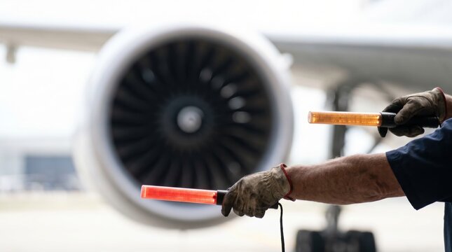 Ground marshaller holding glowing illuminated wands near an aircraft jet engine