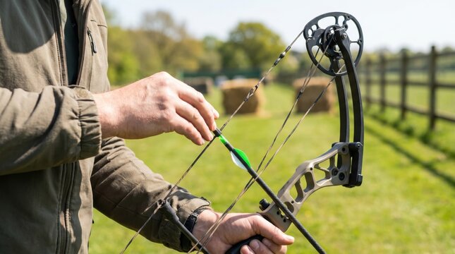 Archer holding a compound bow and carefully nocking an arrow with bright green fletching