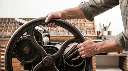 Fototapeta premium Artisan printer manually turning the large metal wheel of a vintage letterpress printing machine