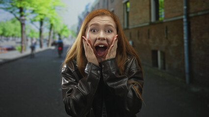Fototapeta premium Redhead woman presses hands to cheeks with mouth open in a surprised gasp, wearing leather jacket on street; surprise spontaneity.