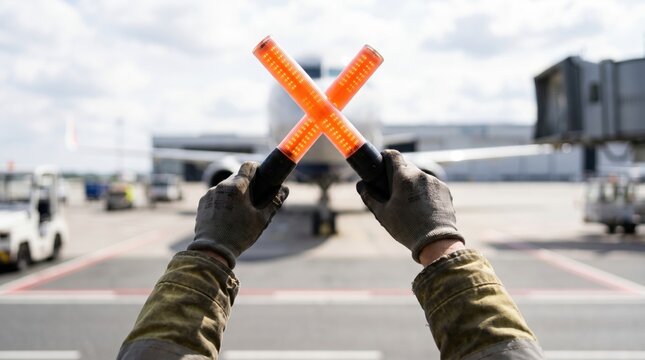 Ground marshaller crossing illuminated wands to signal a commercial airplane to stop on the runway