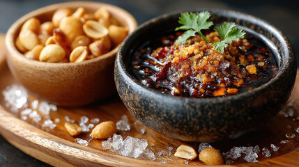 Fototapeta premium Chili crisp oil sauce with a crunchy topping, providing a spicy umami flavor, served alongside roasted peanuts and sea salt flakes on a wooden tray