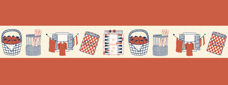 Seamless Mediterranean summer horizontal border pattern.  Hand drawn set of strawberry fruit baskets, baguettes, window laundry and a backgammon board game in a retro naive blue and red style