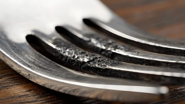 Closeup Macro Shot of a Tarnished Silver Fork on a Wooden Surface.