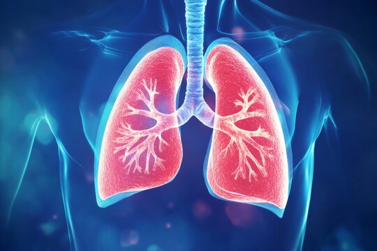 Model shows human lungs with branching bronchi in bright colors against a blue background explaining respiratory system functions