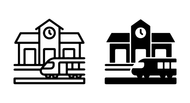 Train Station Building Icons, Public Transport Hub, Modern Architecture, Urban Travel Vector Set