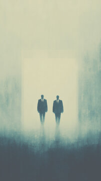 Two Mysterious Suited Figures Walking Through Foggy Doorway Political Agreement Concept Illustration