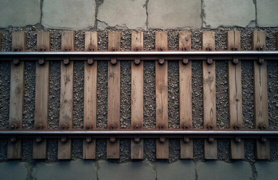 View from above on railway tracks with wooden sleepers and gravel ballast. Metal rails form a parallel line on a stony foundation. This industrial scene shows a transportation route.