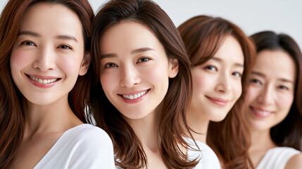 Obraz premium Vier lächelnde asiatische Frauen mit unterschiedlichen Frisuren posieren eng zusammen vor weißem Hintergrund.