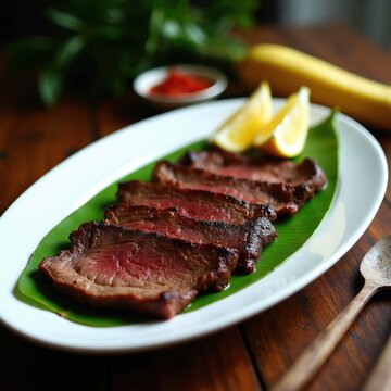 Sliced smoked beef daging sei sapi dish served on banana leaf with lemon wedges. Savory Indonesian cuisine meal with chili sambal. Restaurant food presentation on rustic table.