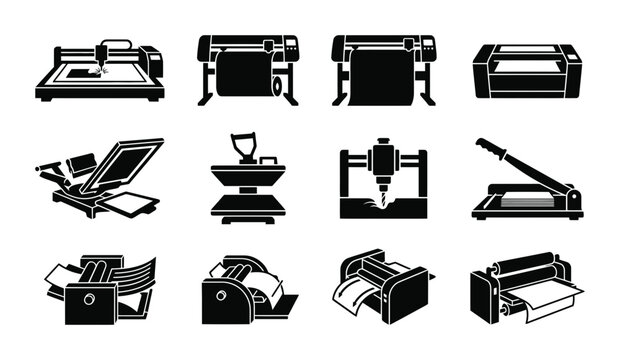 Printing and Cutting Machines, Vector Icons Set: Plotter, Printer, Heat Press, Laser Cutter, Digital Press, Vinyl Cutter, Die Cutter, Industrial Equipment