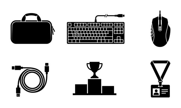 Computer Accessories and Gaming Gear Icons, Vector Set: Laptop Bag, Keyboard, Mouse, Cable, Podium, Badge