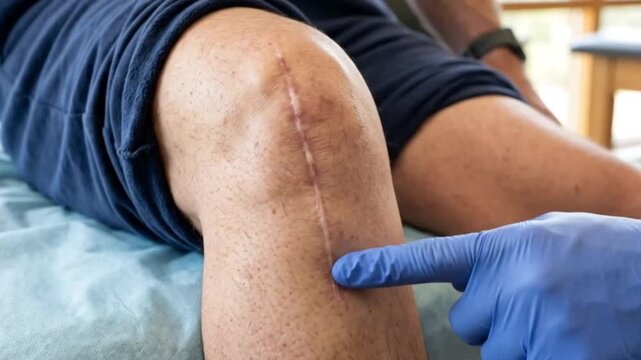 Knee Replacement Scar Close Up with Hand Pointing for Orthopedic Recovery Video