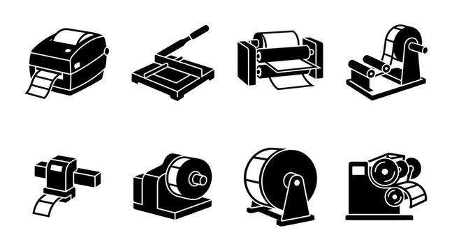 Label Printer Icons, Sticker Machine Graphics, Printing Equipment Set, Packaging Industry Vector Collection
