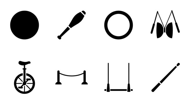 Circus Performance Icons, Juggling Balls, Clubs, Rings, Yo-Yo, Unicycle, Trapeze, Performance Props Vector Set