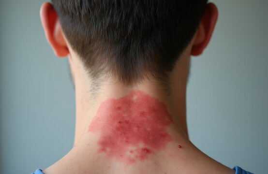 Red rash with small blisters appears on man neck back. Skin irritation with redness and bumps shows symptom of allergy or infection. Close up view of inflamed skin area.