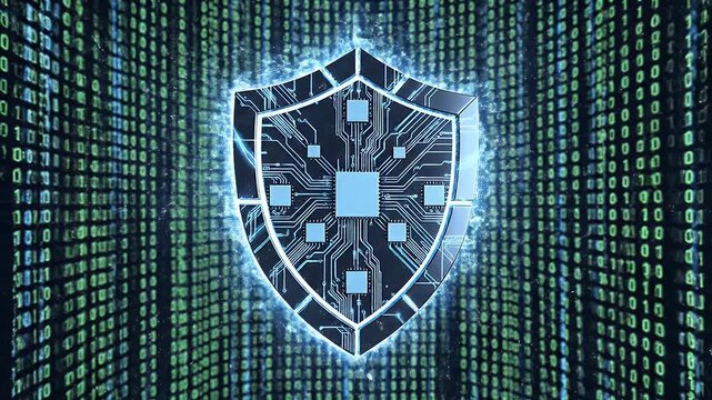 Digital shield with circuitry and binary code backdrop