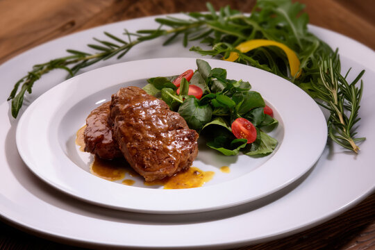 two juicy grilled beef steaks served on a large white plate, rustic wooden table.with a fresh green salad and vegetables and cherry tomatoes. Brazilian food.