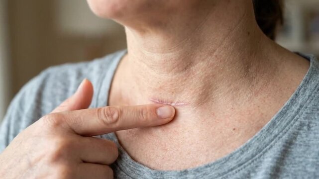 Thyroid Surgery Neck Scar with Pointing Finger for Medical Recovery Video