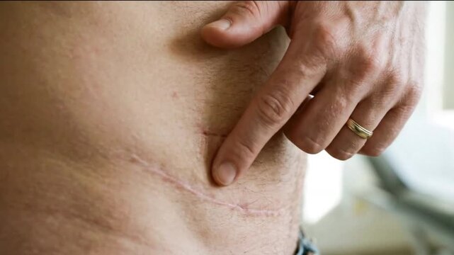 Kidney Transplant Surgery Scar with Pointing Hand for Organ Recovery Video
