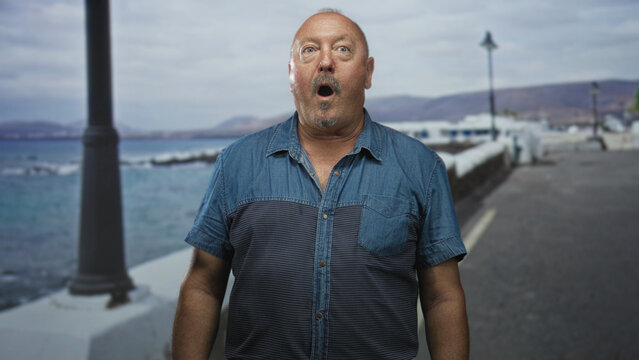 Man mouth open gasping on a street by the seaside with lamppost and stone promenade visible, wearing denim shirt; surprise wonder curiosity.