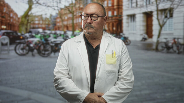 Man doctor in white coat with hands clasped, yellow pen in chest pocket, standing on urban street with bicycles and redbrick buildings; serious dignity.