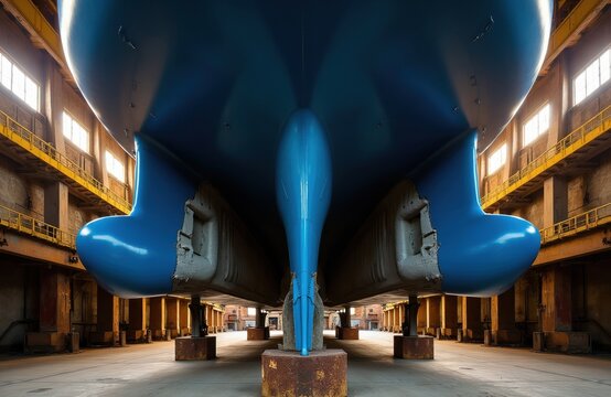 Large motor yacht hull rests on blocks in dry dock. Two propellers and zinc anodes visible. Shipyard provides maintenance for marine vessel.