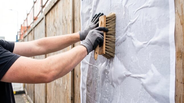 Worker using a large brush to apply paste to a blank paper poster on a wooden construction fence