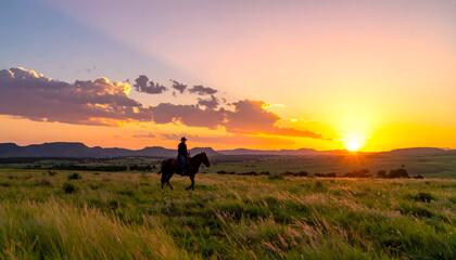 Fototapeta premium Person rides horse across vast grassy field at sunset