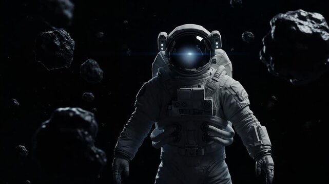 Astronaut floating in deep space surrounded by asteroids