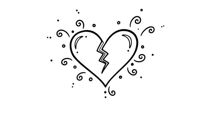 Broken heart with lightning symbol, stylized line isolated on a transparent background, stylized line cracked heart