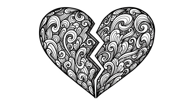 Broken ornate heart with intricate swirl patterns isolated on a transparent background, broken heart ornate, swirl patterns